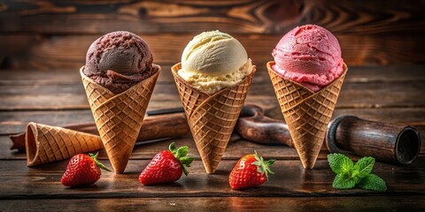 Poster - Three scoops of ice cream in waffle cones, resting on a rustic wooden surface, adorned with fresh strawberries and a sprig of mint.