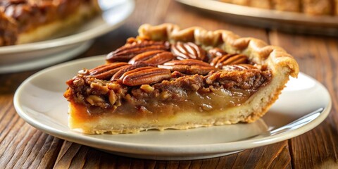 Poster - A slice of pecan pie with a flaky crust and a rich caramel filling, showcasing the buttery pecans in a close-up shot.
