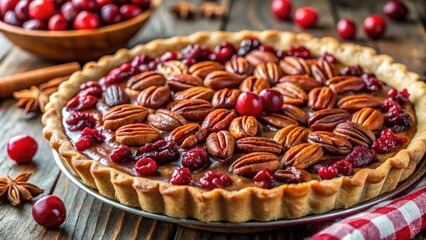 Poster - A freshly baked pecan pie topped with cranberries, a sweet and nutty treat for the holidays.