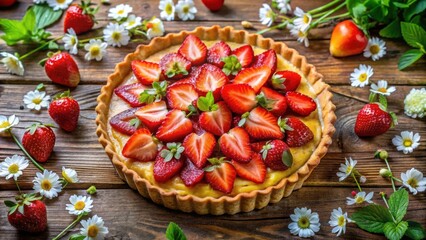 Poster - A fresh strawberry tart on a rustic wooden table, surrounded by delicate white flowers and lush green leaves.