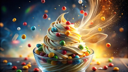 Poster - A swirl of frozen yogurt topped with a flurry of colorful candy, a delightful explosion of sweet flavors.