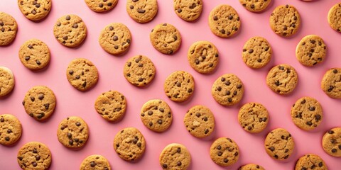 Poster - A Flat Lay of Delicious Chocolate Chip Cookies Arranged in a Regular Pattern on a Pink Background