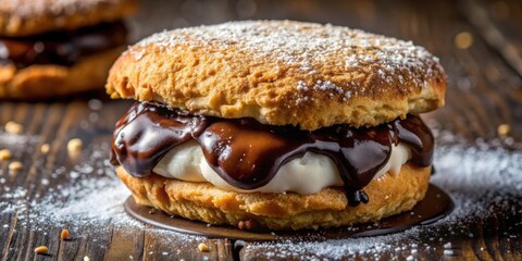 Poster - Sweet and decadent dessert sandwich with chocolate ganache, whipped cream, and powdered sugar on top