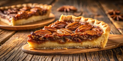 Poster - A slice of pecan pie with a flaky crust and a rich caramel filling, sitting on a rustic wooden board