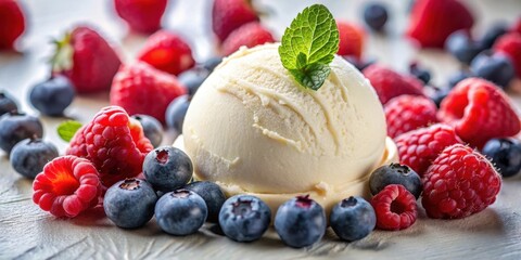 Poster - Creamy Vanilla Ice Cream Scoop Surrounded by Ripe Raspberries and Blueberries, a Cool and Refreshing Dessert