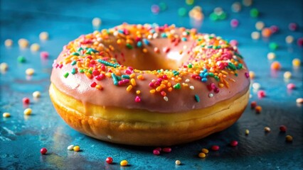 Poster - A single pink glazed donut with colorful sprinkles, sitting on a blue background with scattered sprinkles.