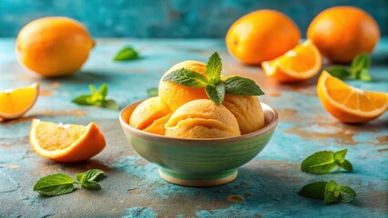 Aufkleber - A bowl of refreshing orange sorbet adorned with fresh mint leaves, accompanied by juicy orange slices on a rustic blue background.
