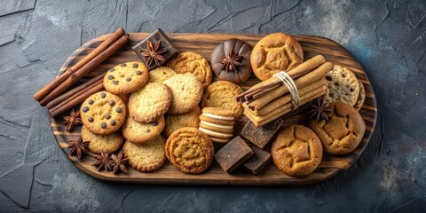 Poster - A Rustic Wooden Serving Board Filled With Various Cookies, Cinnamon Sticks, Star Anise, and Brown Sugar Cubes