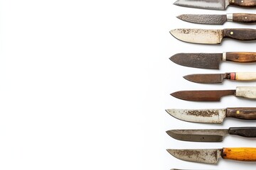 Poster - Various kitchen knives are tastefully arranged on a clean white surface, showcasing their unique designs and functions for culinary enthusiasts. Generative AI
