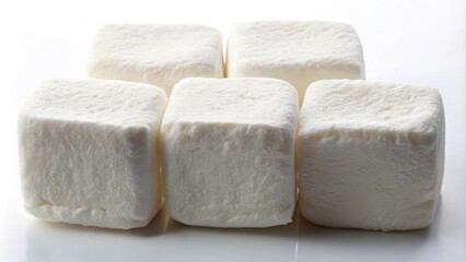 Poster - Five Soft, White Marshmallows Arranged in a Row on a Clean, White Surface