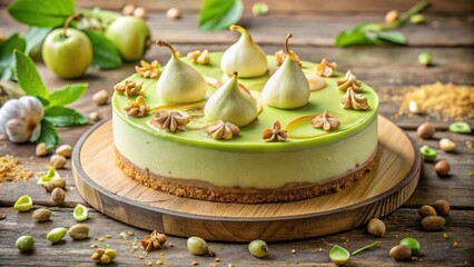 Poster - Elegant Green Pistachio Cheesecake Decorated with White Figs and Star Anise on Rustic Wooden Background