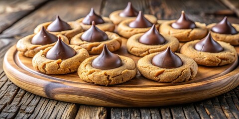 Poster - A close-up of delicious chocolate-filled peanut butter cookies, arranged on a rustic wooden platter, highlighting the rich textures and tempting aromas of freshly baked treats.