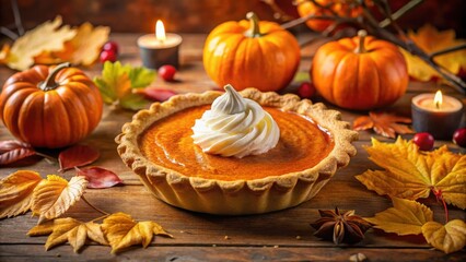 Poster - A Festive Autumnal Table Setting Featuring A Delicious Pumpkin Pie With Whipped Cream, Accompanied By Miniature Pumpkins and Fall Leaves