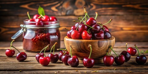 Poster - A bowl overflowing with fresh red cherries, a jar of cherry jam, and scattered cherries on a rustic wooden table, a visual symphony of summer's sweet bounty.