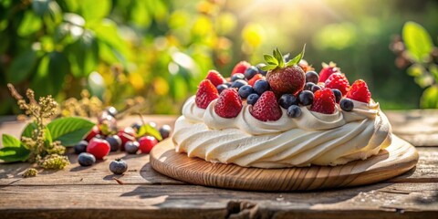 Poster - A Delectable Summer Dessert of Whipped Cream, Meringue, and Fresh Berries on a Wooden Cutting Board