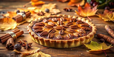 Poster - A delicious pecan pie with a flaky crust, surrounded by autumn leaves, cinnamon sticks, and star anise, ready for a festive celebration.