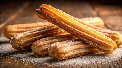 Poster - A close-up of freshly fried churros coated in powdered sugar on a rustic wooden surface.