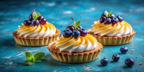 Poster - Sweet Treats with a Twist Whipped Cream, Yellow Filling, and Fresh Berries Adorn Delicate Tart Shells on a Blue Background