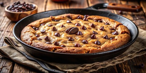 Poster - A freshly baked chocolate chip cookie skillet, with a crispy outer edge and soft, gooey center, resting on a rustic wooden table