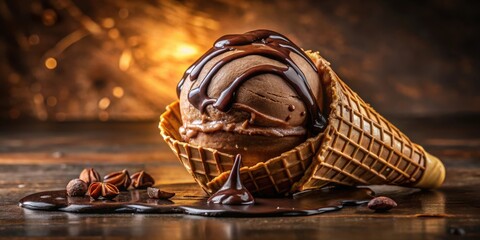 Poster - A Melted Chocolate Ice Cream Cone Drizzled with Rich Chocolate Sauce on a Rustic Wooden Surface