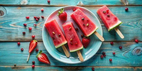 Poster - Watermelon popsicles arranged on a turquoise plate, surrounded by fresh strawberries and scattered red berries, on a rustic blue wooden background.