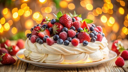 Poster - A Delicate Meringue Cake Topped with Fresh Strawberries, Raspberries, and Blueberries, Illuminated by Warm, Golden Lights
