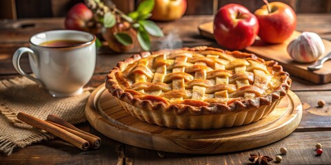 Canvas Print - A warm apple pie with a lattice crust, steaming on a wooden board, accompanied by a cup of tea and cinnamon sticks.