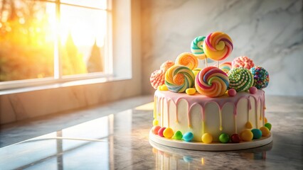Poster - A colorful birthday cake with lollipop decorations on a kitchen counter near a window with warm sunlight streaming through.