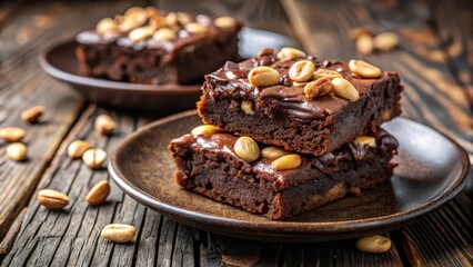 Poster - A close-up of two fudgy brownies topped with chocolate frosting and peanuts, sitting on a rustic wooden table with scattered peanuts.