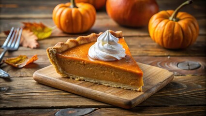 Poster - A slice of pumpkin pie topped with whipped cream sits on a wooden cutting board surrounded by pumpkins and autumn leaves.