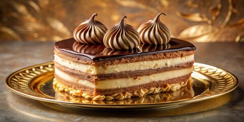 Poster - A decadent chocolate cake with whipped cream topping, layered with a light filling and a hint of nuttiness, displayed on a gleaming golden plate
