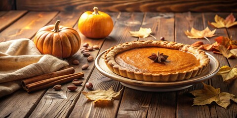 Poster - A freshly baked pumpkin pie, adorned with a star anise, sits on a wooden table surrounded by autumn leaves, cinnamon sticks, and pumpkins.