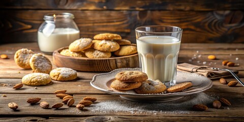 Poster - A glass of milk, a plate of cookies, and a scattering of almonds on a wooden table, a perfect afternoon snack.