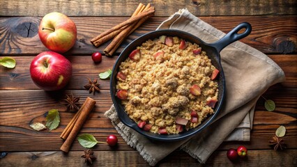 Poster - A rustic cast iron skillet filled with warm apple crisp, surrounded by cinnamon sticks, star anise, and fresh apples on a wood table