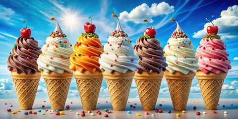Poster - A row of colorful ice cream cones with sprinkles and cherries on top against a bright blue sky with fluffy clouds.