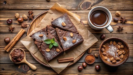 Poster - Delicious Chocolate Brownie Squares with Powdered Sugar, Coffee, Cinnamon Sticks, and Nuts on Wooden Background