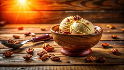 Poster - Creamy Vanilla Ice Cream Scoops in a Wooden Bowl with Pecans and a Spoon on a Rustic Table