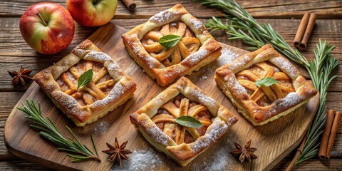 Poster - Golden brown apple pastries dusted with powdered sugar, nestled on a rustic wooden board with sprigs of rosemary and cinnamon sticks