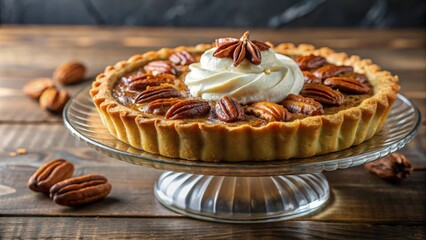 Poster - A single serving pecan pie topped with whipped cream and a star anise on a glass pedestal