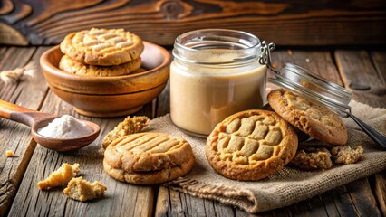 Poster - Homemade Peanut Butter Cookies with Creamy Peanut Butter in a Jar on Rustic Wooden Background