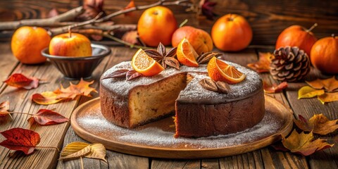 Poster - A slice of orange cake dusted with powdered sugar, surrounded by autumn leaves and oranges on a wooden table