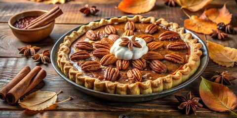 Poster - A classic pumpkin pie with a flaky crust and a swirl of whipped cream, adorned with pecan halves and star anise, resting on a rustic wooden table surrounded by autumn leaves.