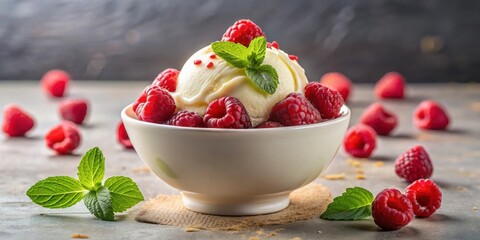 Poster - A bowl filled with vanilla ice cream, topped with fresh mint and a scattering of sweet red raspberries, ready to be enjoyed.