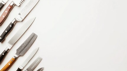 Poster - A collection of various kitchen knives is arranged on a plain white background, showcasing essential tools for cooking and food preparation. Generative AI