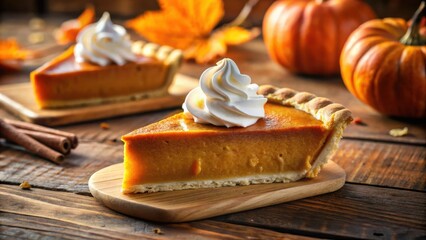 Poster - A single slice of pumpkin pie with whipped cream sits on a wooden cutting board,  accompanied by whole pumpkins and cinnamon sticks.
