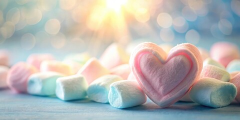 Wall Mural - A heart-shaped marshmallow surrounded by other marshmallows on a blue surface with a soft focus background