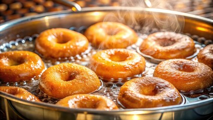 Poster - Golden donuts frying in a pan, surrounded by bubbling oil and steam, creating a sweet and tempting aroma