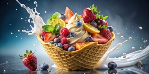 Poster - A Creamy Frozen Dessert with a Medley of Fresh Fruits and a Splash of Milk in a Waffle Cone