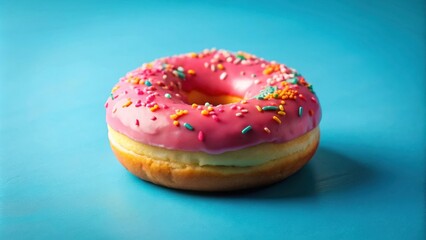 Poster - A single pink frosted donut with colorful sprinkles on a bright blue background.  The donut is a classic treat, perfect for a sweet snack or a celebratory occasion.