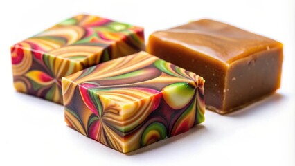 Poster - A trio of colorful squares, each with a unique swirl design, sit on a white background, next to a block of golden brown caramel.
